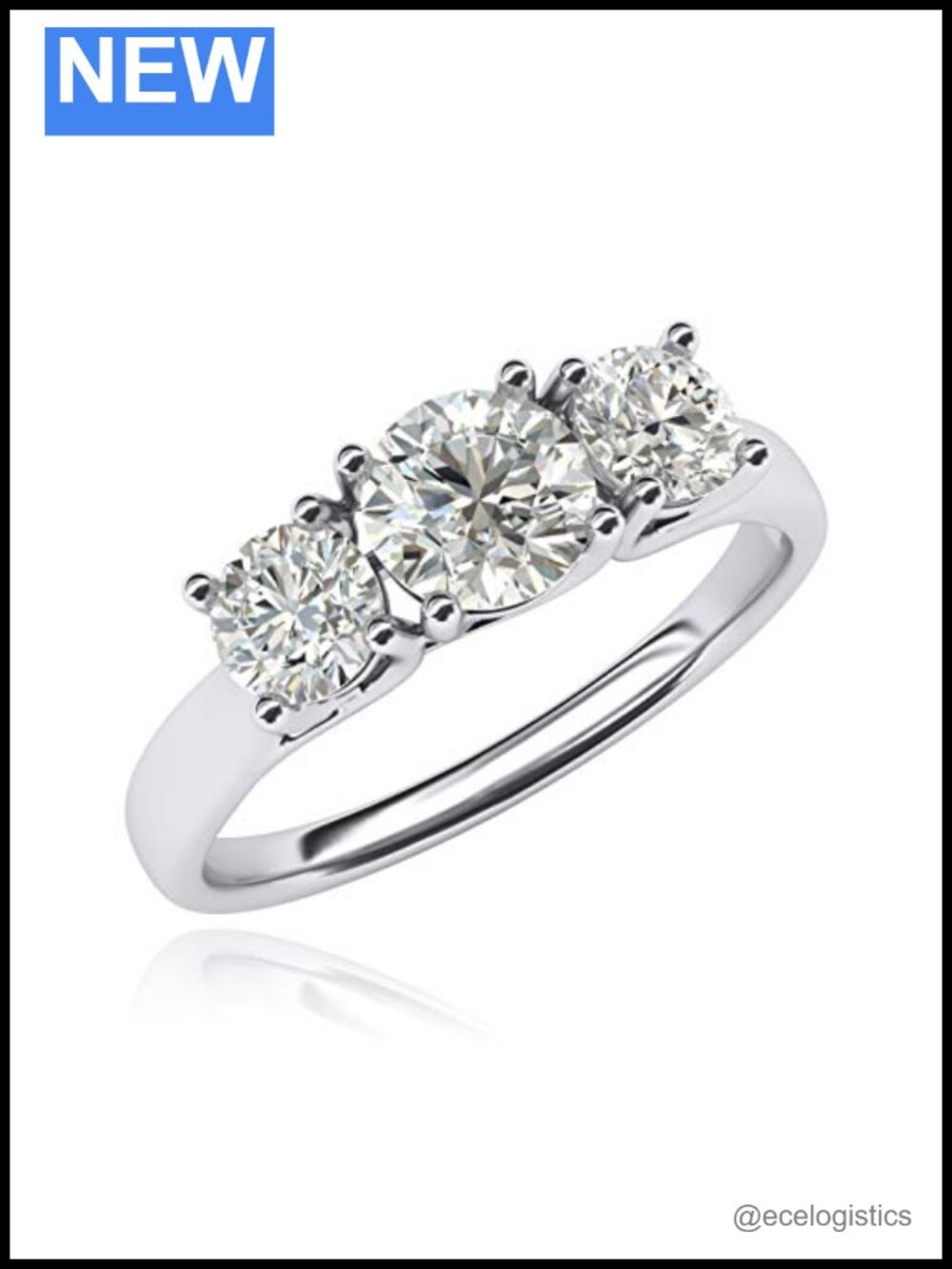 14k White Gold Genuine Moissanite Three Stone Trellis Promise Engagement Ring